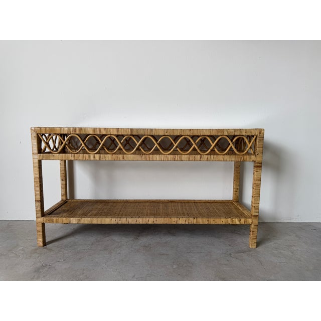 Vintage Coastal Rattan Two-Tier Console Table With Glass Top For Sale - Image 4 of 17