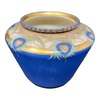 Antique Willets Belleek Trenton Nj Hand-Painted Art Nouveau Peacock Jardinière Bowl, Cobalt & Gilt Aesthetic Movement Centerpiece, Circa 1900 For Sale