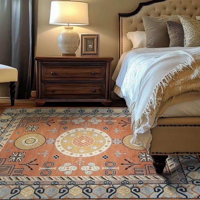 Textile 10x14 Jade Traditional Coral Geometric Medallion Hand Knotted Wool Carpet Rug For Sale - Image 7 of 8