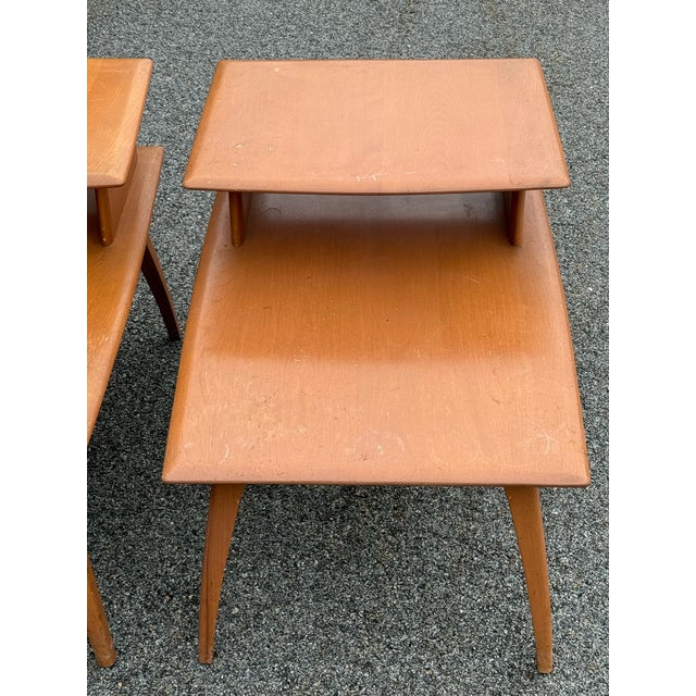 Vintage 1950s Soild Maple Wood Step-Back Side Tables, a Pair