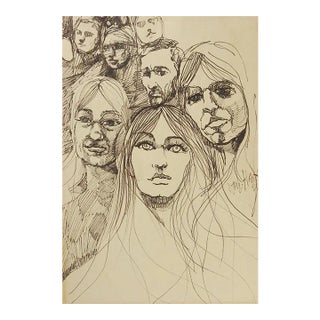 Vintage Mid 20th Century Jacque Von Honts Faces Drawing For Sale