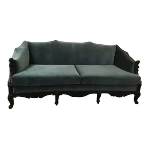 1940s Vintage Hollywood Regency Black and Smokey Blue Velvet Sofa