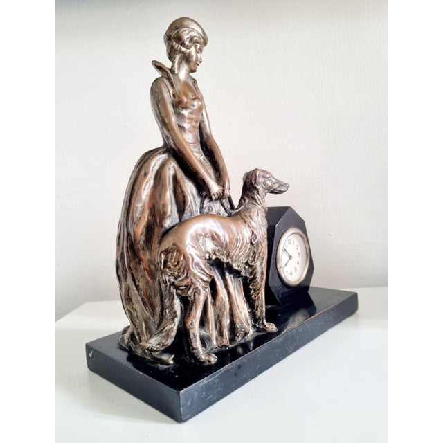 Table Clock with Copper Plated Lady with Greyhound Sculpture from Enrico Lazzar, Italy, 1910s For Sale - Image 3 of 11