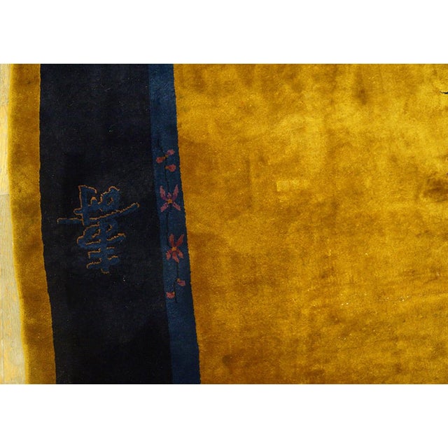 1920s Antique Chinese Minimalist Floral Art Deco Room Size Wool Blue Yellow Rug For Sale - Image 4 of 7