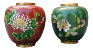 Vintage Cloisonné Vases with Asian Flower Pattern, 1950, Set of 2