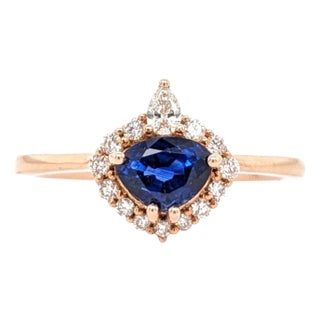 Trillion 6x4.5mm Ceylon Sapphire Ring W Earth Mined Diamonds in Solid 14k Gold, Size 6.75 For Sale
