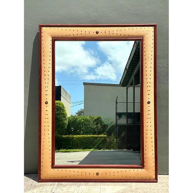 Vintage Seagrass Studded Wood Floor Mirror For Sale - Image 11 of 15
