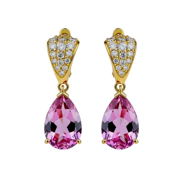 2020s 14k Yellow Gold Diamond and Natural Pink Topaz Dangle Earrings, A Pair For Sale - Image 5 of 11