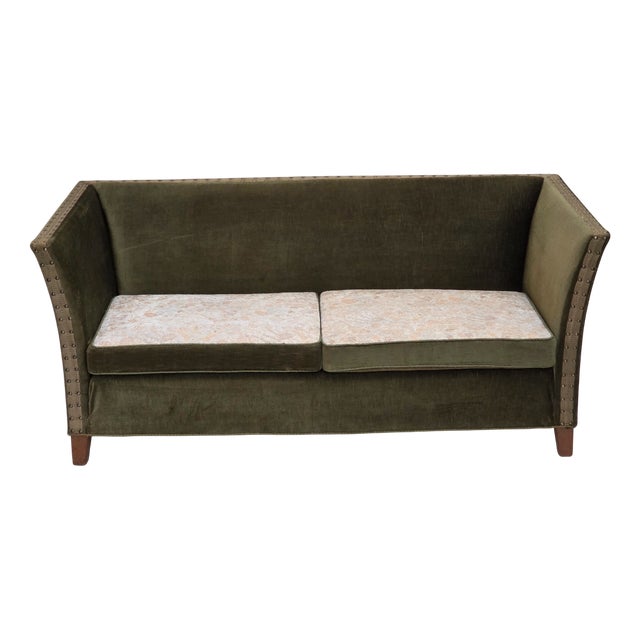 Danish 2-Seater Sofa in Green Velour and Oak, 1970s For Sale