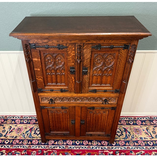 Antique French Gothic Linen Altar Wine Storage Cabinet Bookcase Bar Liquor Oak For Sale - Image 14 of 18
