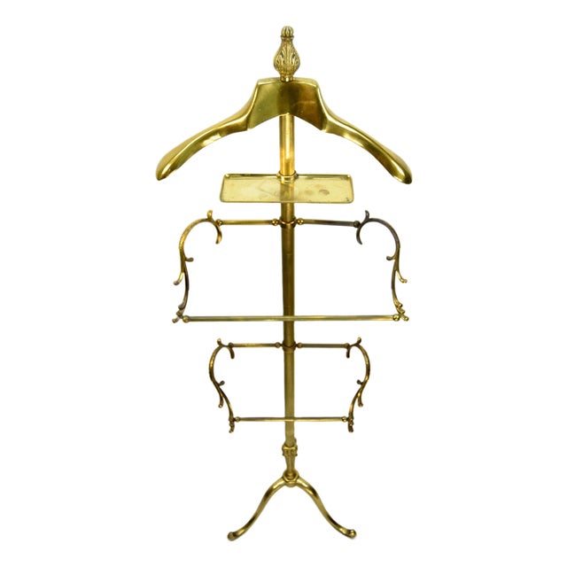Mid-Century Adjustable Brass Valet Stand with Hanger and Shelf, 1950s For Sale