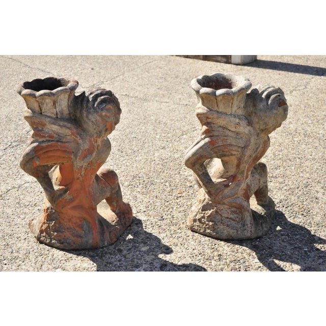 Vintage Cast Terracotta Figural 28" Cherub Putti Garden Planter Pots - A Pair For Sale - Image 9 of 12