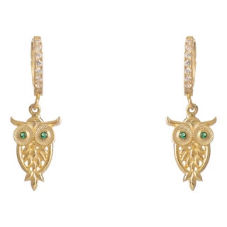 Mystic Owl Emerald Eye Gold Earrings, A Pair For Sale