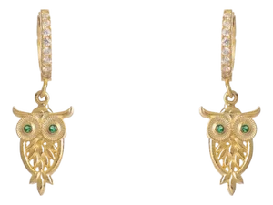 Mystic Owl Emerald Eye Gold Earrings, A Pair