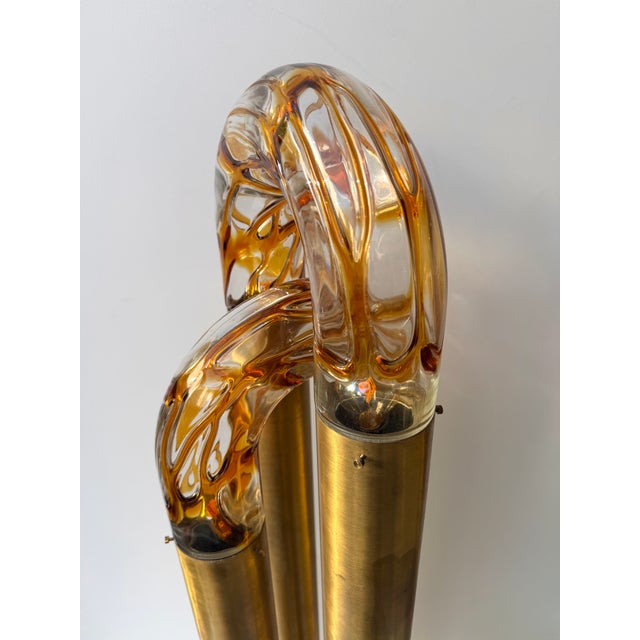 Mid-Century Modern Space Age Brass version of floor lamp by Aldo Nason for the manufacture Mazzega. Blown amber Murano...
