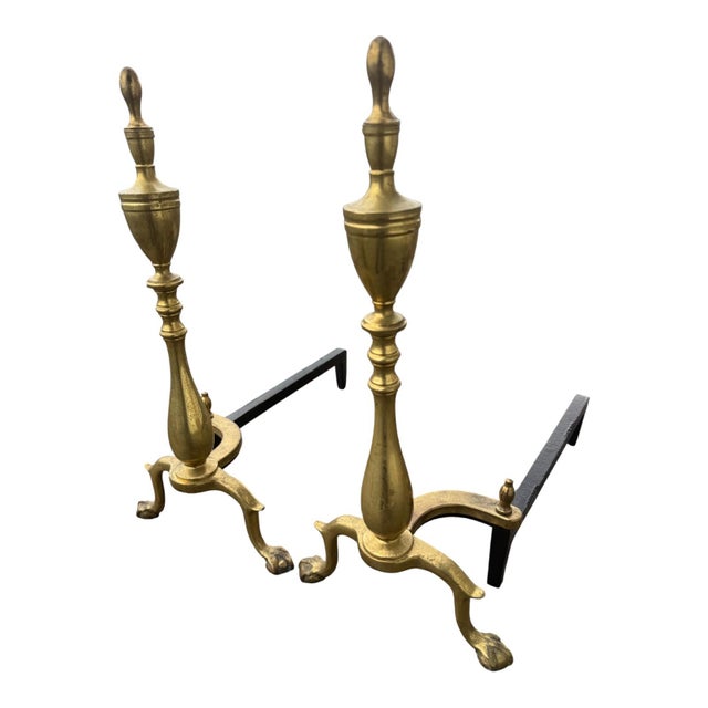 Pair 1920s Antique Brass Andirons Chippendale Claw Ball Feet Fireplace For Sale - Image 4 of 15