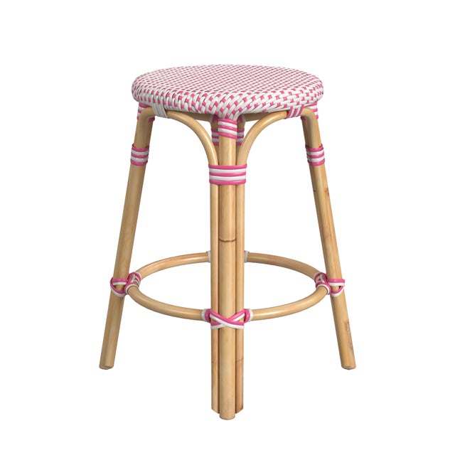 2020s Tobias 24 in. Seat Height Round Rattan Backless Counter Stool, White/Pink Dot/ Natural Rattan Frame For Sale - Image 5 of 7