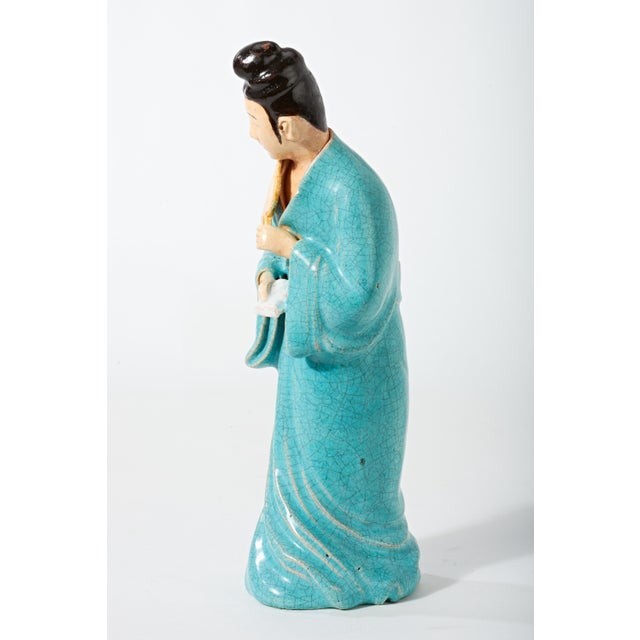 Early 20th Century Chinese Figurine of Lady in Blue With Fan For Sale - Image 13 of 17