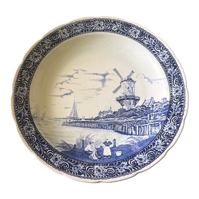 Vintage Boch “De Lits” Belgian Blue & White Delft-Style Charger Platter For Sale