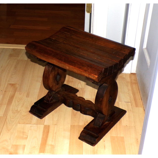 Cabin Vintage Slat Bench Solid Wood Trestle Stool Vanity Chair Rustic Cabin Decor For Sale - Image 3 of 12