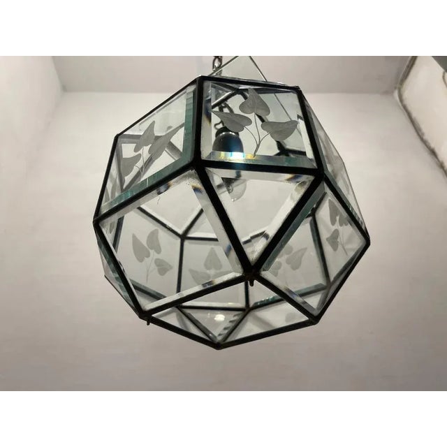 Metal Vintage Etched Glass Bronze Light Pendant, 1950s For Sale - Image 7 of 11