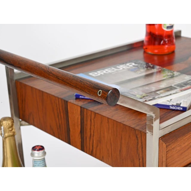 1950s Serving Bar Cart with Drawers in Rosewood and Chrome by George Coslin, Italy, 1950s For Sale - Image 5 of 15