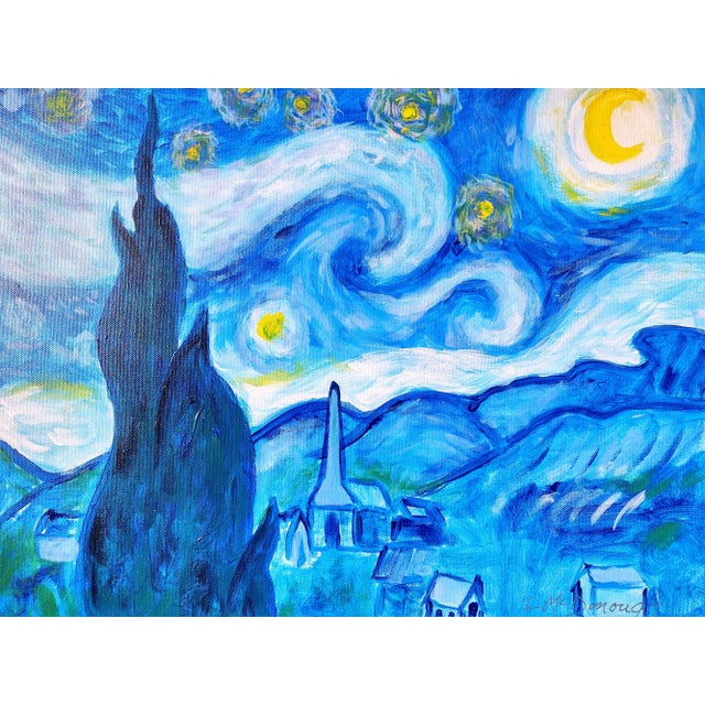 Textile "A Tribute to Van Gogh's Starry Night" Contemporary Post-Impressionist Landscape Painting by Linda McDonough, Framed For Sale - Image 7 of 13