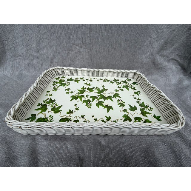 Vintage White Faux Wicker Green Ivy Vine Serving Tray For Sale - Image 4 of 18