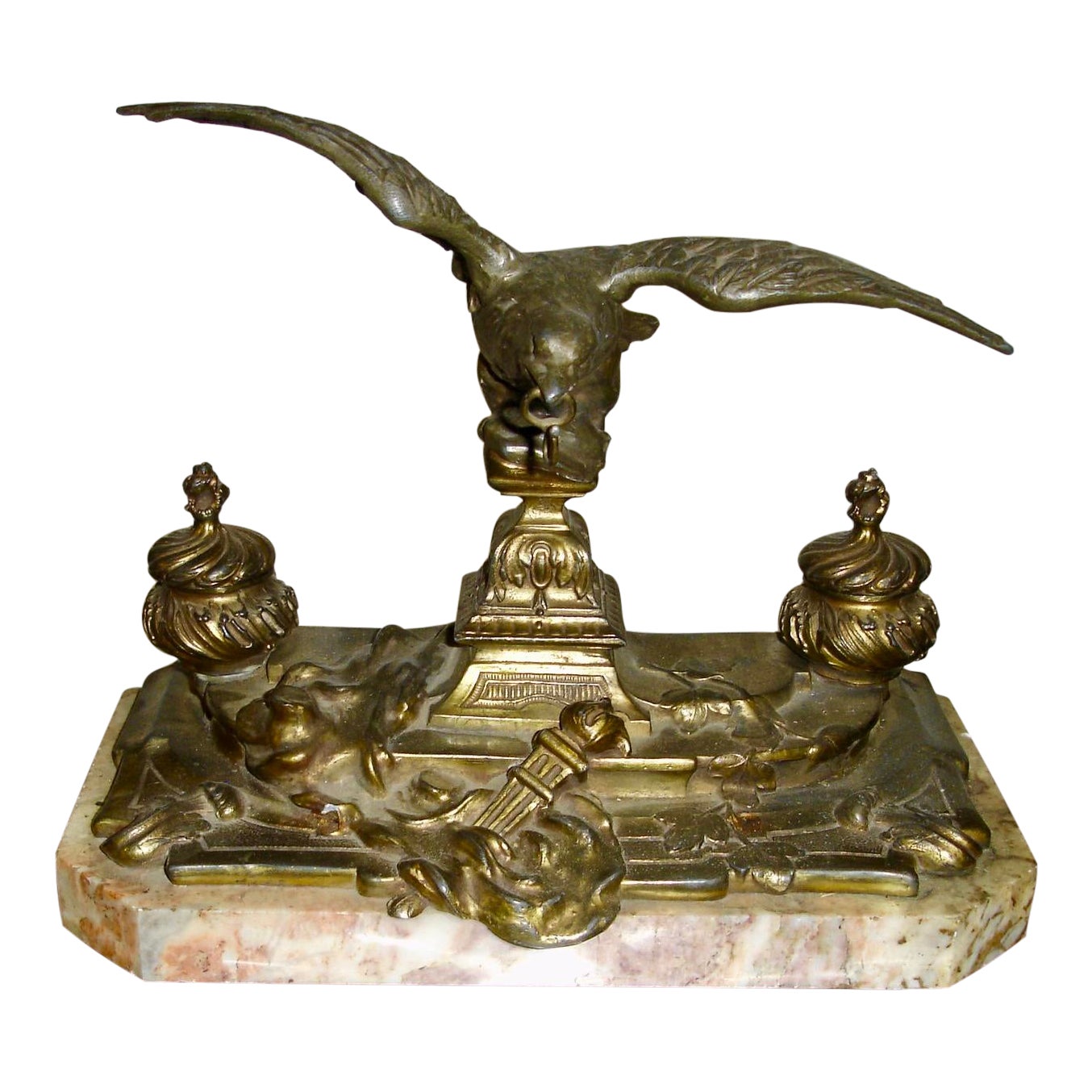 19th Century Bronze and Marble Inkwell with Eagle Sculpture Desk Set