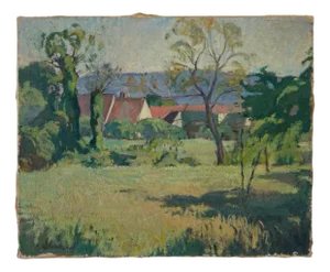 Arthur Morard, Paysage de campagne avec vue sur le Jura Suisse, 1978, Oil on Canvas