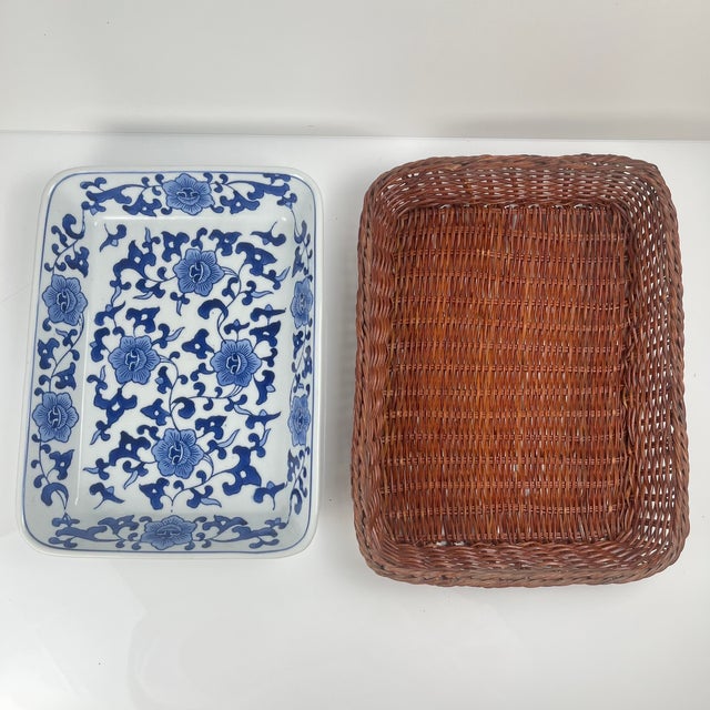 Ceramic Serving Platters in White and Blue Floral Pattern with Woven Wicker Mount, 1980, Set of 6 For Sale - Image 17 of 18