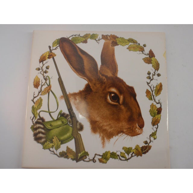 Vintage Mid 20th Century Set of 5 Hand Painted Game Motif Kitchen Tiles Stag Roe Deer Ibex Fox Rabbit or Hare For Sale In Wichita - Image 6 of 12
