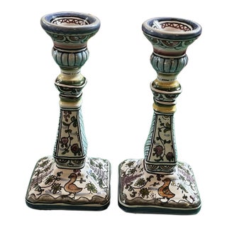 Vintage MCM Floral Hand Painted Portugal Candlesticks -Pair For Sale