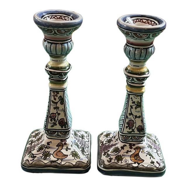 Vintage MCM Floral Hand Painted Portugal Candlesticks -Pair For Sale