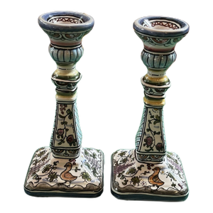 Vintage MCM Floral Hand Painted Portugal Candlesticks -Pair
