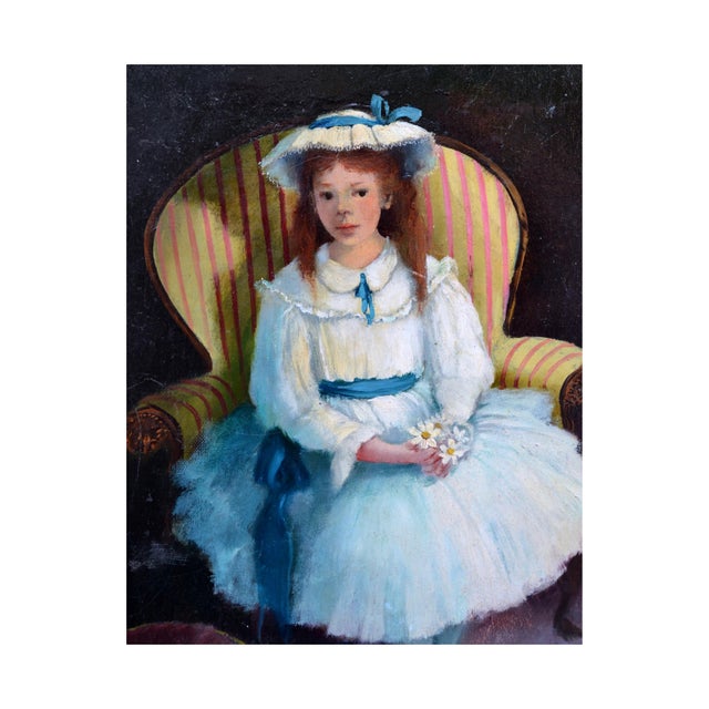 Portrait of Girl in Blue Dress, Oil on Canvas, Signed, Circa 1970 Beautiful portrait of a young girl in blue dress by Jan...