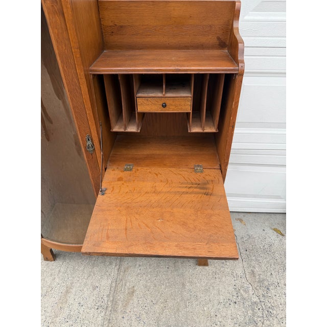 Brown Antique Victorian Art Nouveau Oak Combination Secretary Desk and Curved Glass Bookcase With Ornate Carved Details For Sale - Image 8 of 12