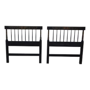 Vintage Pair Black Stenciled Farmington Hitchcock Twin Spindle Headboards