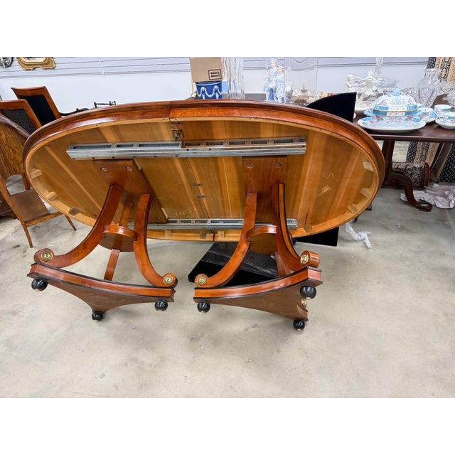 Vintage Neoclassical Regency Style Cherry and Burl Wood Pedestal Oval Dining Table With 2 Leaves For Sale - Image 11 of 16