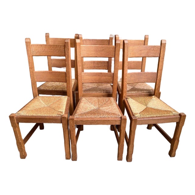 Set 6 Vintage French Ladder Back Dining Chairs Rush Seat Oak Country Farmhouse For Sale