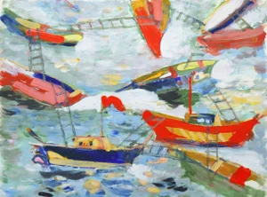 'Fishing Boats' by Robert Canete, Post-Impressionist Seascape, Monterey, California
