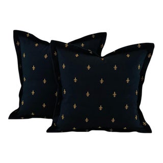 Pair Heritage House Roth & Tompkins Black Gold Embroidered Fleur De Lis Pillow Covers- Pair For Sale
