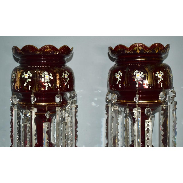 Late 19th Century Antique Victorian Bohemian Pair of Cranberry/Ruby Glass Mantel Lusters For Sale - Image 5 of 12