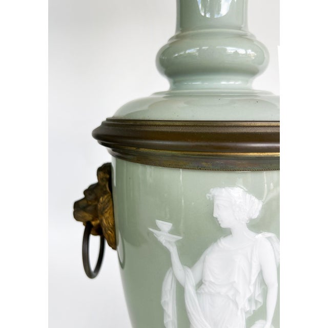 Celadon Late 19th Century French Celadon Pâte-Sur-Pâte Porcelain Lamps With Custom Shantung Silk Shades - a Pair For Sale - Image 8 of 18