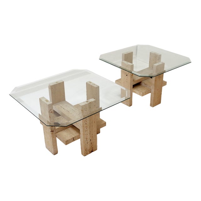 Vintage End Tables in Travertine and Glass by Willy Ballez, 1970s, Set of 2 For Sale