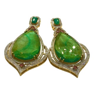 Bochic “Capri” Vintage Emerald, Tourmaline & Diamond Earrings Set In 18K Gold & Silver For Sale