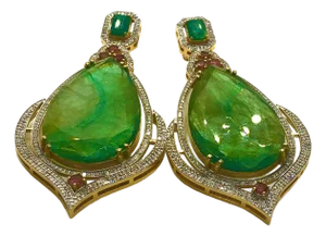 Bochic “Capri” Vintage Emerald, Tourmaline & Diamond Earrings Set In 18K Gold & Silver