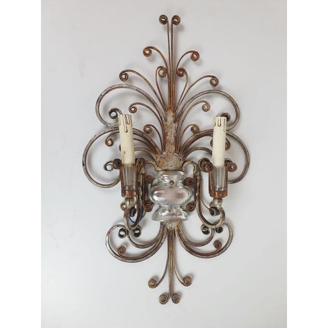 Silvered Wrought Iron and Glass Wall Lights attributed to Banci, Italy, 1940s, Set of 2 For Sale - Image 4 of 8