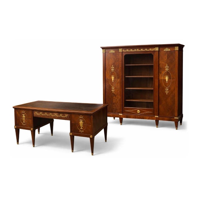 French Neoclassical Mahogany Leather Top Desk With Ormolu Urn Mounts & Pull-Out Slides For Sale - Image 11 of 12