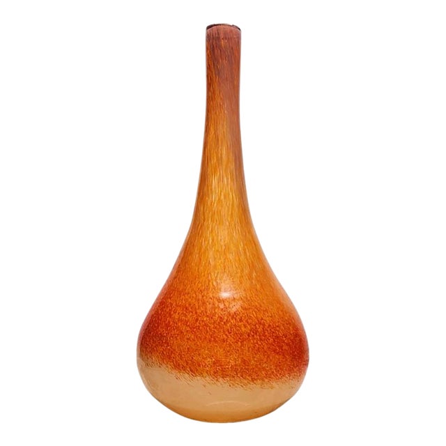 Large Mid-Century Modern Hand-Blown Art Glass Vase Amber, Cream & Aubergine Rim 16” For Sale